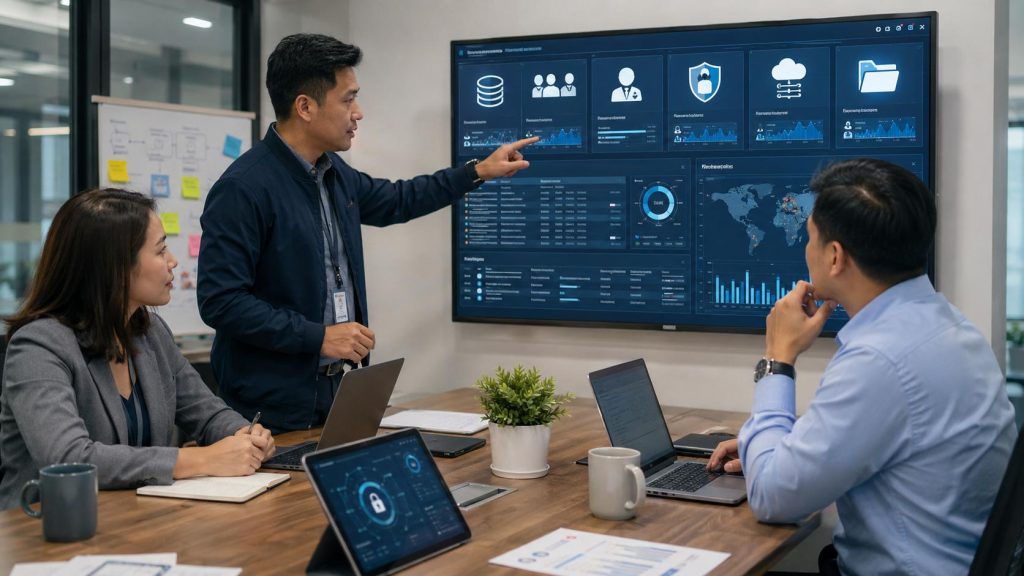 IT manager and DPO reviewing data inventory and access control dashboard